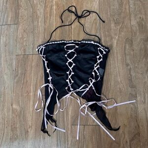 Black and Pink Lace-Up Corset Top